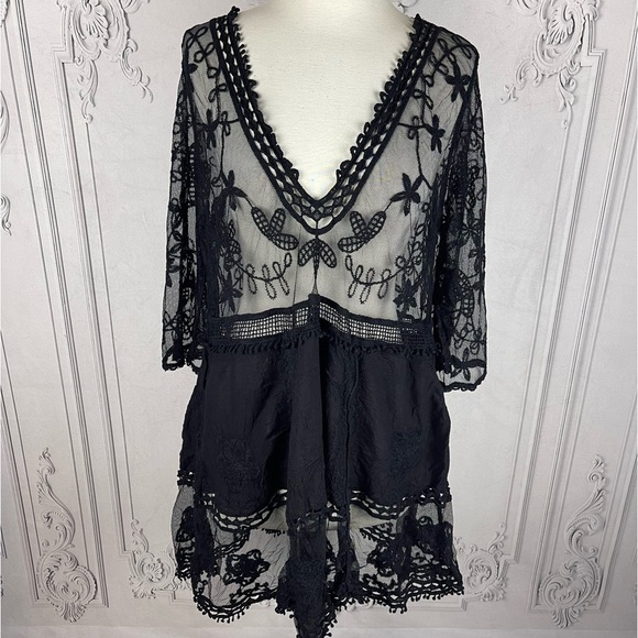 Bohemian Embroidered Floral Lace Sheer Mesh Top Swimsuit Coverup - Picture 5 of 8